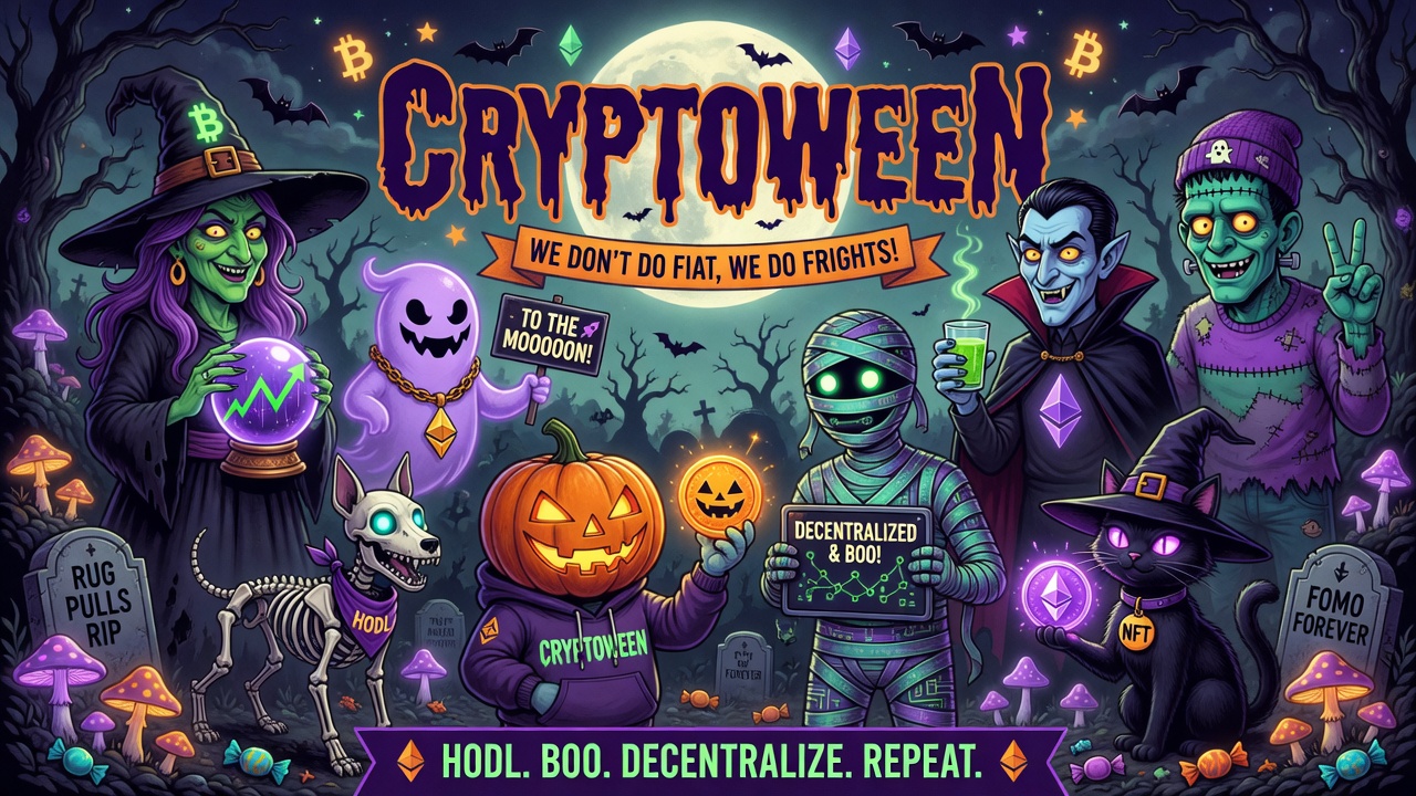 Cryptoween characters: witch, ghost, skeleton dog, pumpkin-head, mummy, vampire and Frankenstein in a neon graveyard