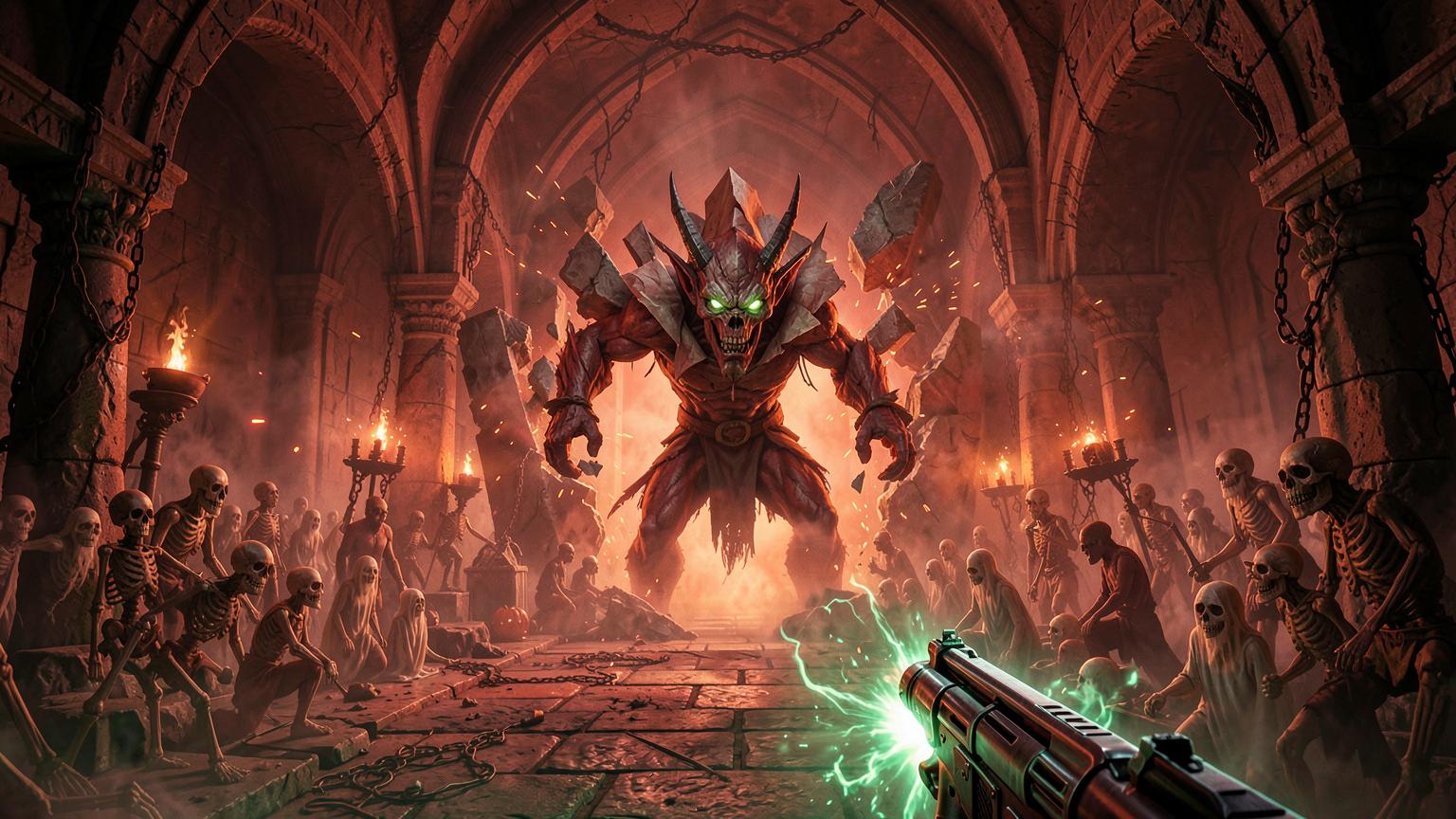 A supernatural first-person battle against a demon warlord in an ancient crypt