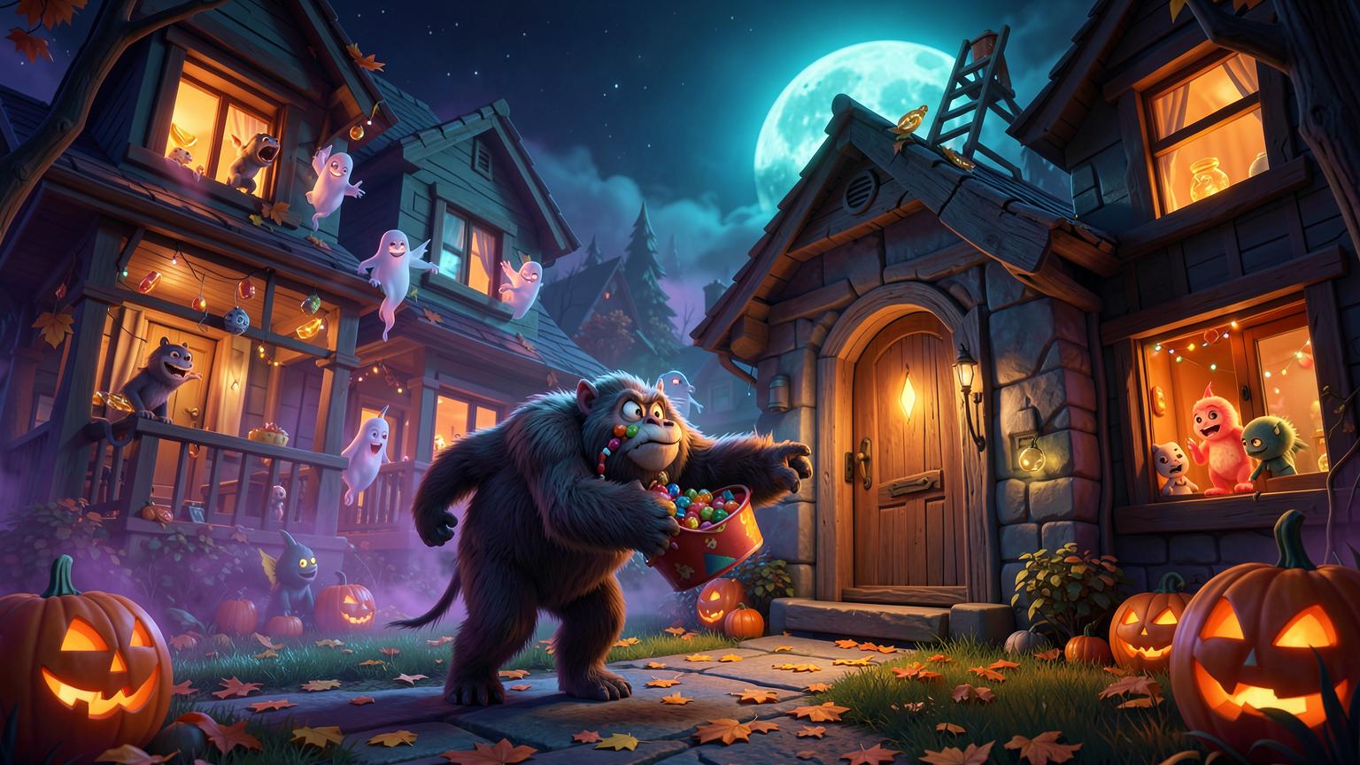 Bigfoot trick-or-treating through a glowing haunted neighborhood