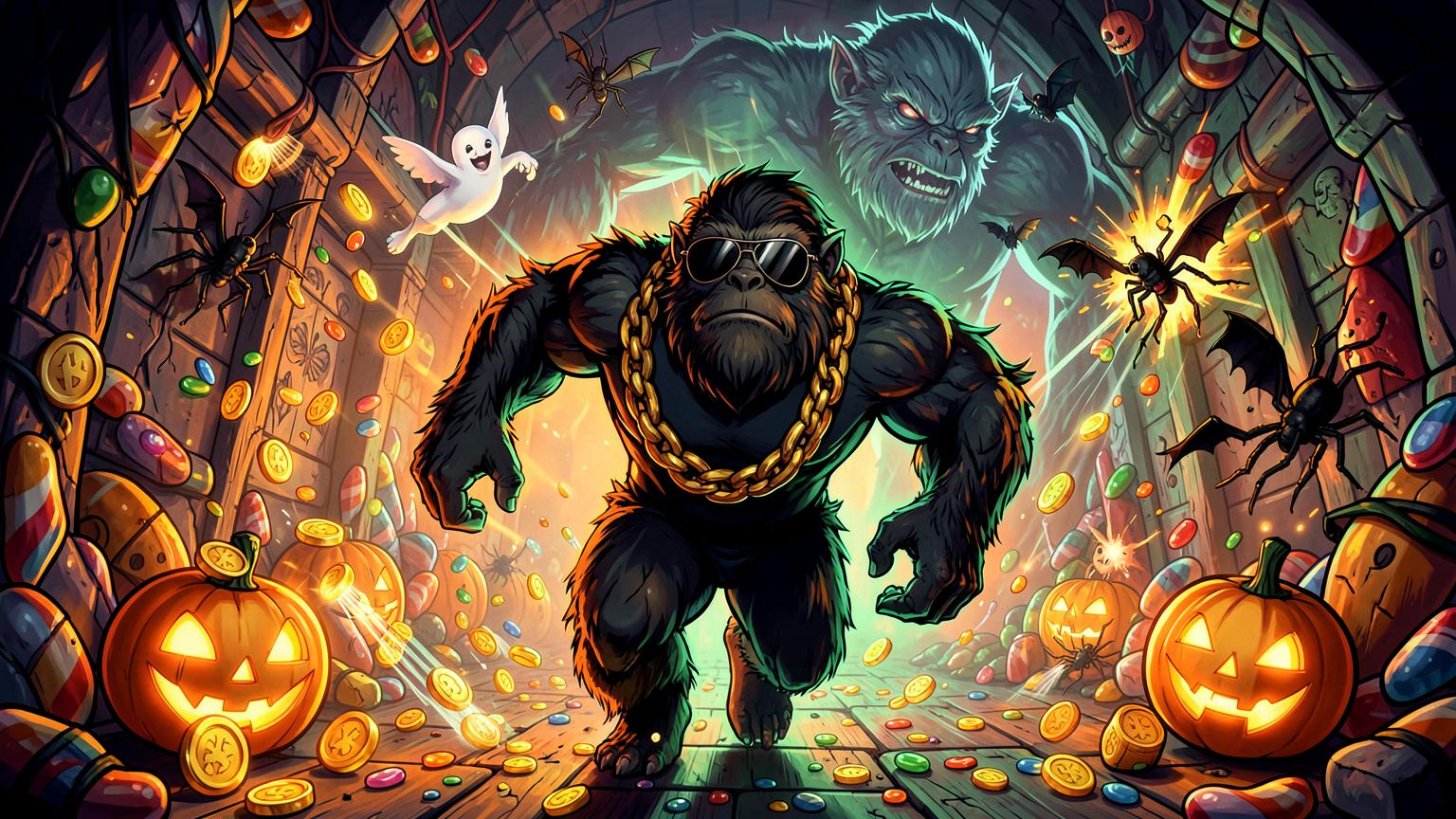 Bigfoot sprinting through a haunted candy crypt filled with coins, ghosts and monsters