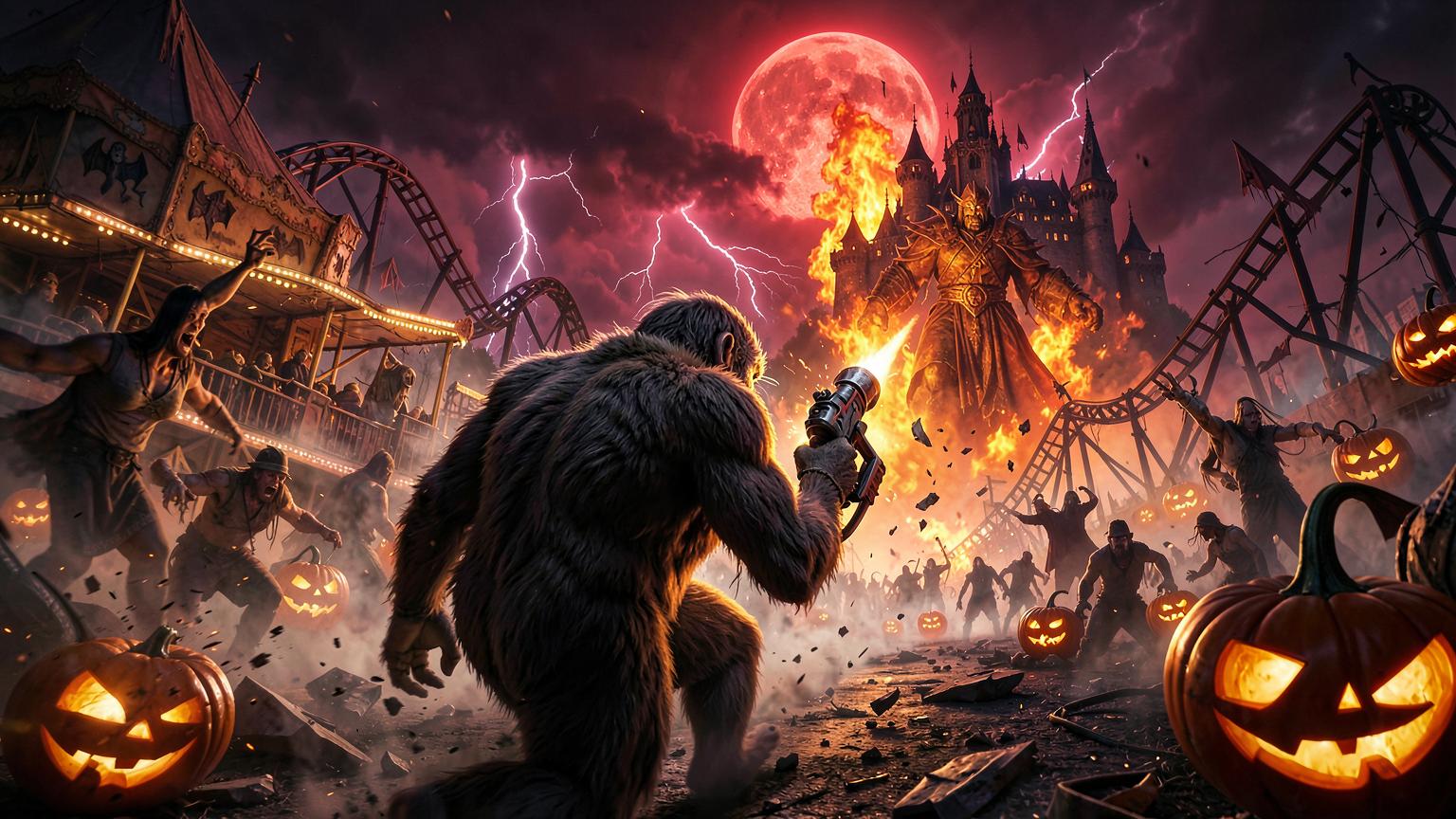 Bigfoot charging through a haunted carnival toward a colossal flaming boss