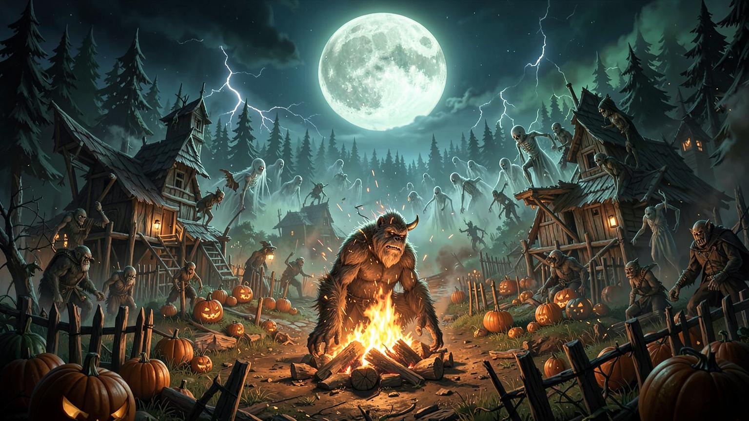 Bigfoot defending a moonlit Halloween settlement from ghosts and skeletons