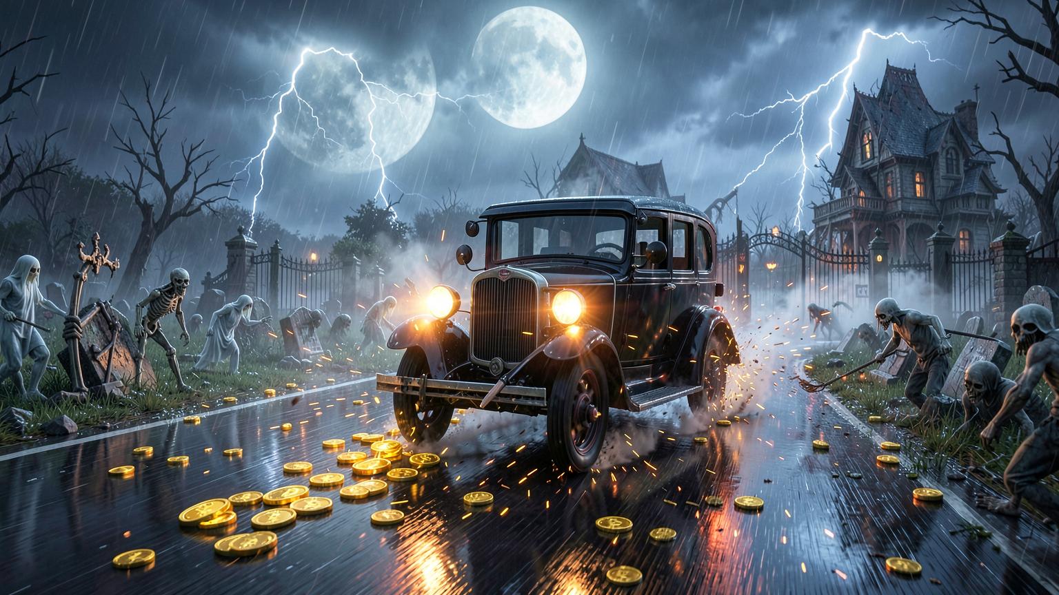 A black hearse racing through a stormy graveyard highway filled with coins and undead