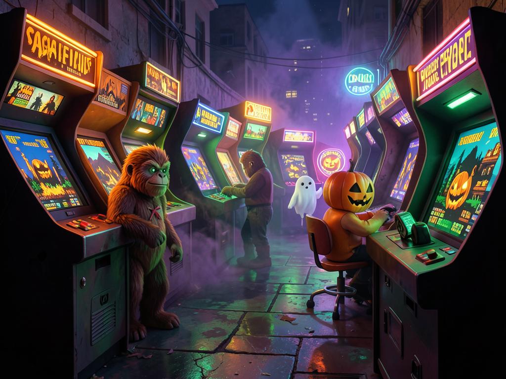 Retro Halloween arcade with Bigfoot, a ghost and a pumpkin-headed player at glowing cabinets