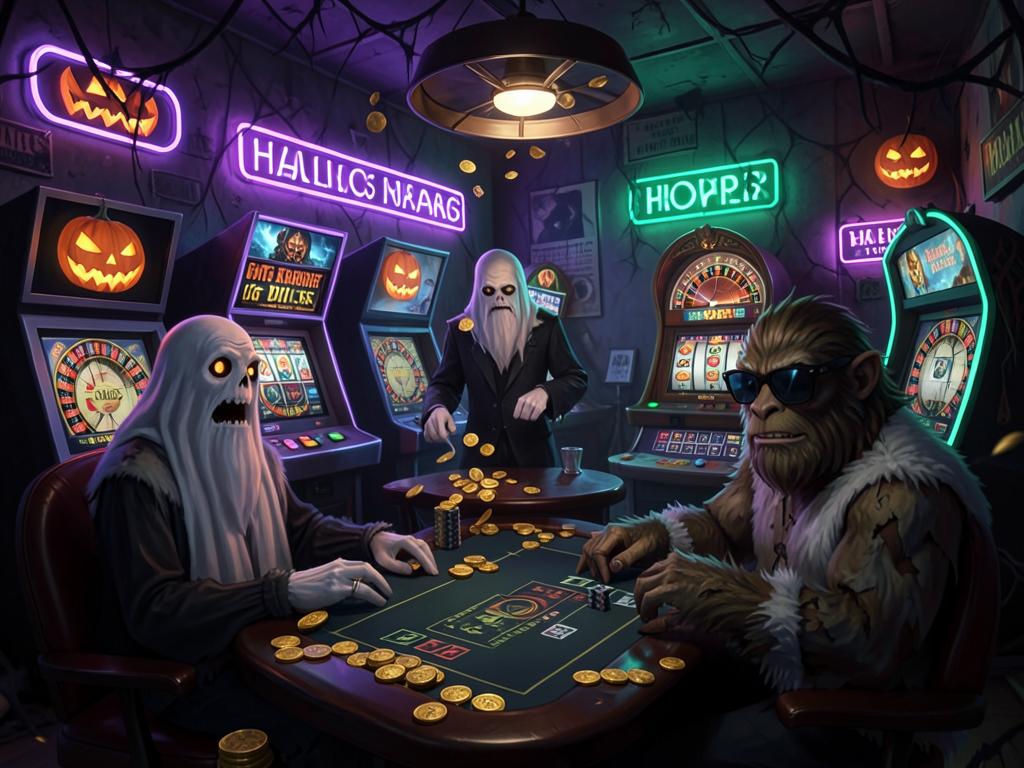 Haunted casino with glowing slot machines, roulette and Bigfoot at the blackjack table
